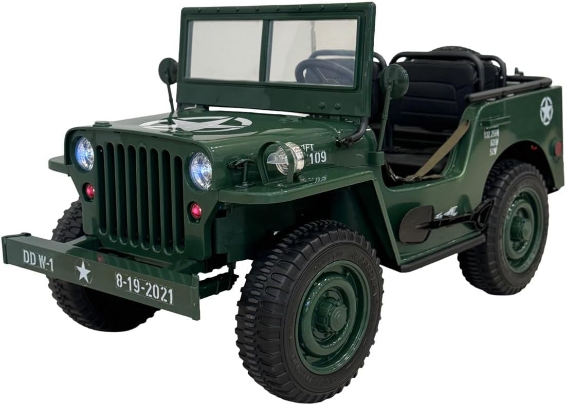 VLRA kids Vintage Military Jeep Ride-On, Army Green, Electric Powered, with LED Headlights