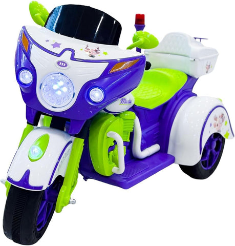 VLRA Kids Ride On Electric Motorcycle, Battery Powered, with LED Lights, Music Player, Storage Compartment, 3-Wheel Desig