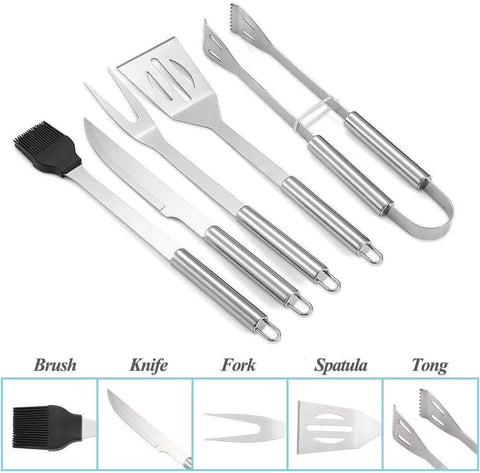 Olmecs Stainless-Steel BBQ Grill Tool Set with Knife Brush Fork Spatula and Tong with Oxford Bag (5 Pieces)