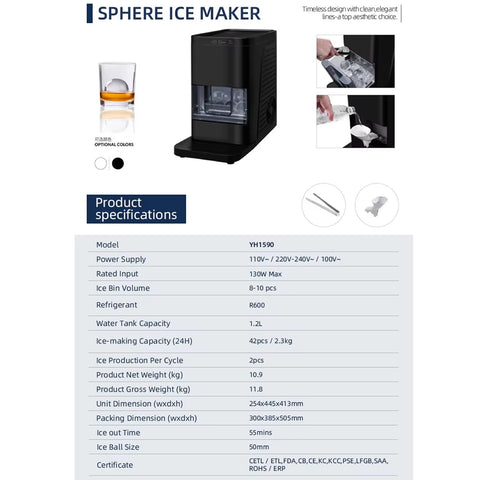 Countertop Sphere Ice Maker – 50mm/2" Crystal Clear Whisky Ice Ball Machine, 42 Sphere Per Day Capacity