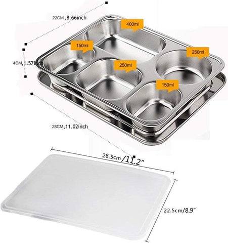 Stainless Steel Divided Plates with Lid for Adults Divided Dinner Tray 5 sections