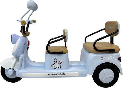 VLRA kids Electric Mobility Scooter, White and Tan, Digital Display, Twin Seat Design, Retro Style with Bunny Decal, Dual Mirrors 3-7 years