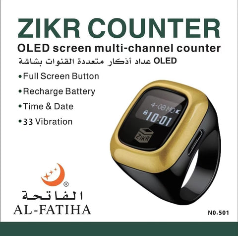 Al-Fatiha Zikr Counter Ring with OLED Screen, Multi-Channel Counter, Full Screen Button, Rechargeable Battery, Time & Date