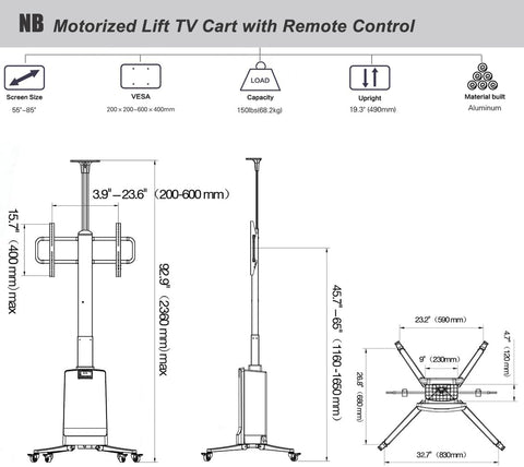 Floor TV Stand Rolling TV Cart for Large Screen 55-85 inch TVs | Motorized Lift TV Cart with Remote Control