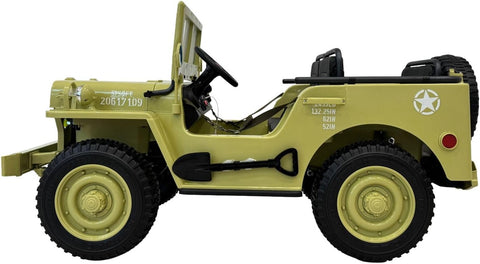 VLRA kids Vintage Military Jeep Ride-On, Army Green, Electric Powered, with LED Headlights