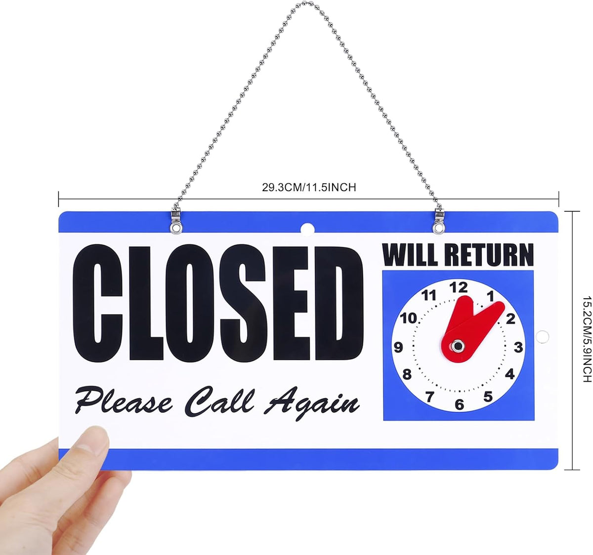 Willow Double-Sided Open/Closed/Will Return Sign with Clock Hands, 6" x 11.5", Blue (2 Pcs)