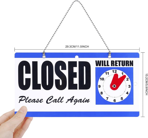 Willow Double-Sided Open/Closed/Will Return Sign with Clock Hands, 6" x 11.5", Blue (2 Pcs)