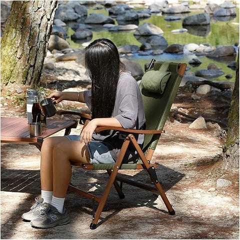 Luxury Reclining Folding Camping Chair, Reclining Chair Wooden Frame Lounge Chair