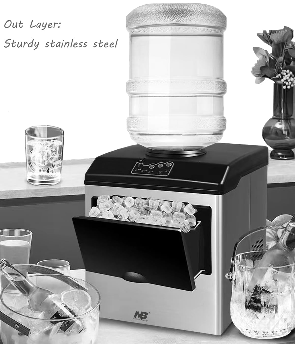 2 in 1 Ice Maker Machine with Cold Water Dispenser, 12pcs S/M/L Size Ice Cube ready in 10 Minutes,