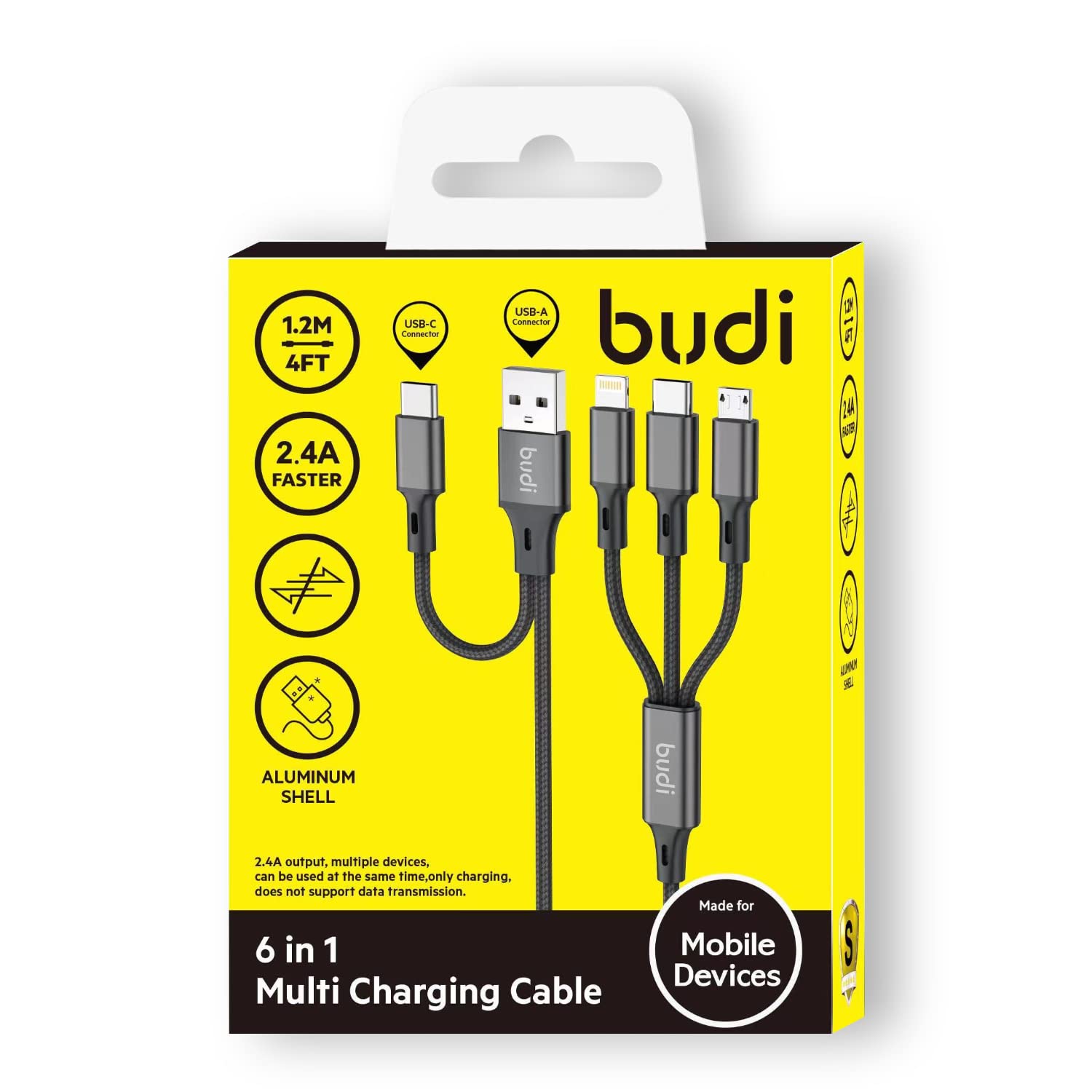 BUDI DC203T512B – 2.4A FASTER MULTI CHARGING CABLE 6 IN 1