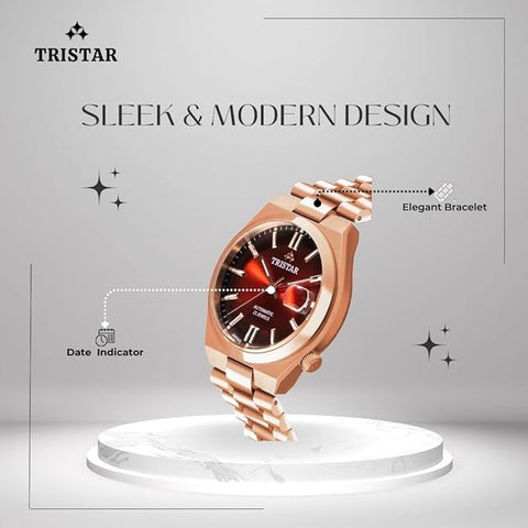 Tristar NJ Series Men's Automatic Watch Scarlet Red Index Dial Rose Gold Bracelet Wrist Watch for Men