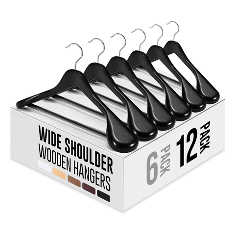 Willow 12 Pack, Wide Shoulder Wooden Hangers  Wood Suit Hangers for Men with Non Slip Pants Bar