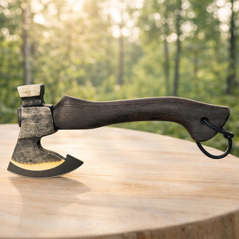 Compact Hand Axe with Wooden Handle – Camping Hatchet Chopping Axe with Leather Sheath for Wood Splitting, Survival Tactical Axe, Outdoor Bushcraft (Vintage Axe)