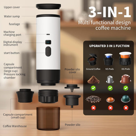3-in-1 Portable Coffee Maker, Espresso Machine, Self-Heating Travel Coffee Maker Compatible with NS, DG Pods & Ground Coffee