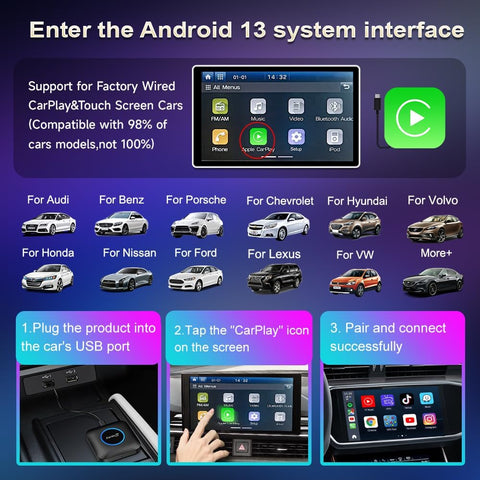 CarlinKit CarPlay Ai Box Android 13.0 with LED Light for Car with Wired CarPlay and Touchscreen