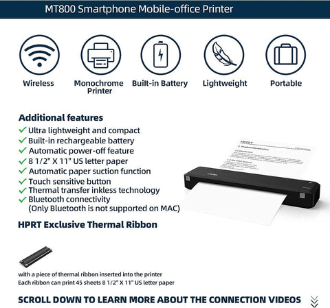 HPRT Wireless Bluetooth Portable Printer 3 in 1 Portable Printer+Case+Ribbon by Thermal Transfer MT800