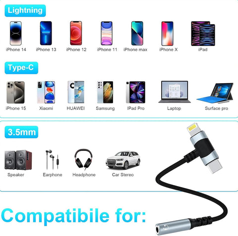 Lightning to 3.5mm, 2-in-1 USB-C to 3.5mm with HiFi Audio Quality, Functional Headphone Jack Adapter with Wide Compatibility