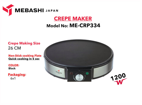 MEBASHI Crepe Maker, 30 cm, Black (1200W) Non-Stick Coating (ME-CRP334)