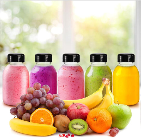 300ml Plastic Juice Bottles with Black Lids, Empty Clear Reusable Beverages - Willow