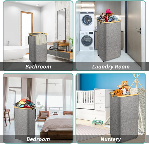 Foldable Laundry Hamper with Lid – Bamboo Frame & Fabric Liner - Large / Medium