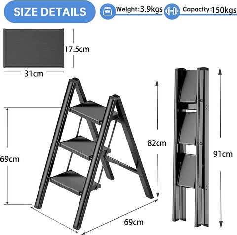 Olmecs 3 Step Ladder Aluminum Folding Step, Stool with Anti-Slip Sturdy and Wide Pedal (Copy)