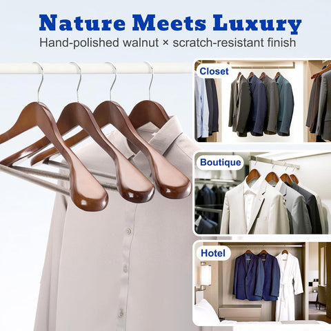 Willow 12 Pack, Wide Shoulder Wooden Hangers  Wood Suit Hangers for Men with Non Slip Pants Bar