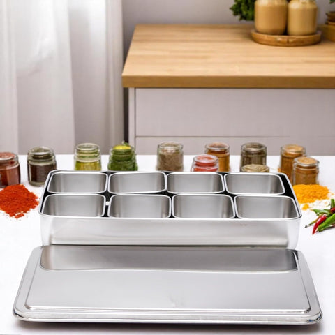 Olmecs Stainless Steel Seasoning Box with Lid and Holder Tray