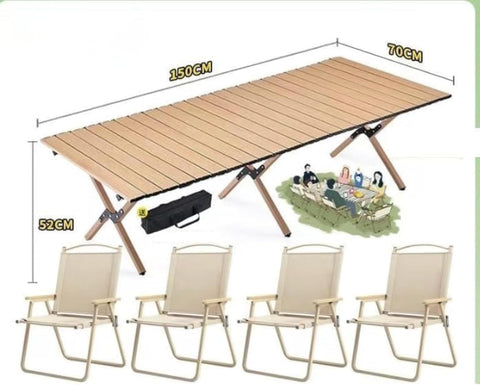 Folding Aluminum 150CM Camping Table & 4Pcs Chair – Roll-Up Table, Portable Lightweight Grill Table for Outdoor