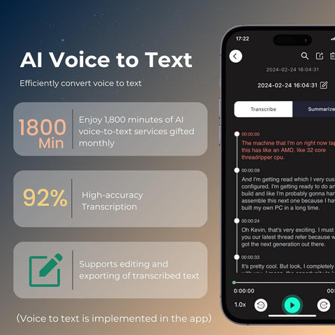 Voice Recorder with APP for AI Voice-to-Text Transcription, GPT-4o Summary, Mind Mapping, 64GB Storage