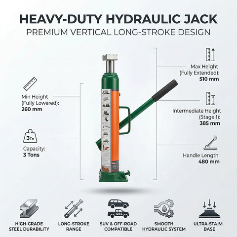 Hydraulic Long Ram Jack - 3 Ton Capacity, Heavy Duty Steel Car Jack, Long Stroke Vertical Lift, 260–510mm Lifting Range