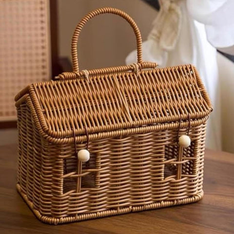 Rattan House Shaped Basket- A handmade woven picnic basket with a lid and handle