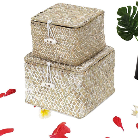 Willow Seagrass Storage Basket with Lid Set of 2 Stackable Baskets Natural Woven Square Baskets