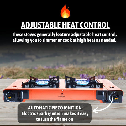 Procamp FlameKraft | Double Burner Camping Stove with Non-Stick Cast Aluminum Griddle