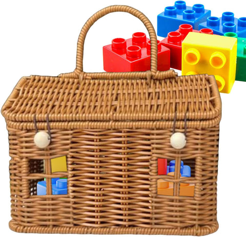 Rattan House Shaped Basket- A handmade woven picnic basket with a lid and handle