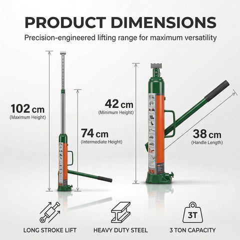 Hydraulic Long Ram Jack - 3 Ton Capacity, Heavy Duty Steel Car Jack, Long Stroke Vertical Lift, 260–510mm Lifting Range