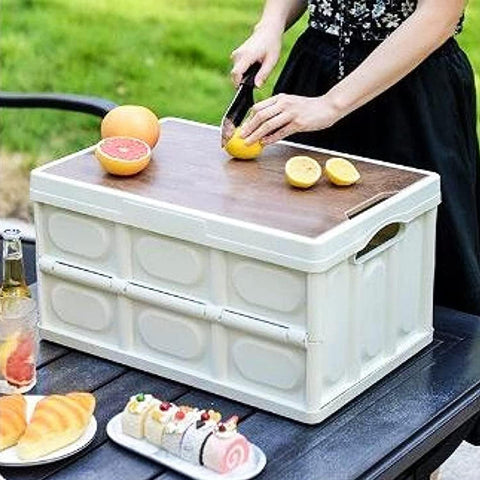 Foldable Plastic Storage Box 20L, Wooden Cover, Thickened Outdoor Foldable Storage Box