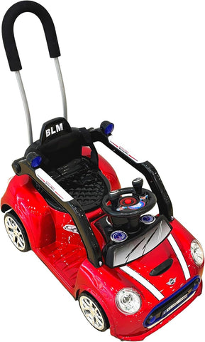 VLRA BIKE Kids Ride-On Push Car, Red Mini Cooper Style, with Parent Handle, Steering Wheel, Racing Stripes, Battery Operated，6V battery 2-4 years