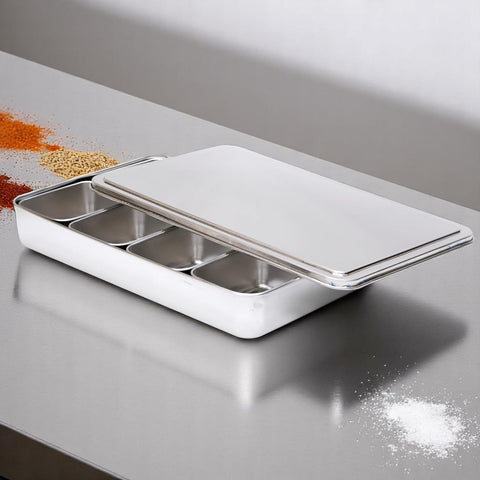 Olmecs Stainless Steel Seasoning Box with Lid and Holder Tray