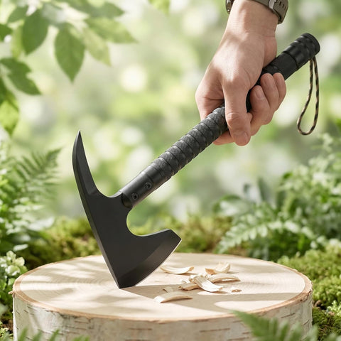 Compact Hand Axe with Wooden Handle – Camping Hatchet Chopping Axe with Leather Sheath for Wood Splitting, Survival Tactical Axe, Outdoor Bushcraft   (Expedition Pro Axe)