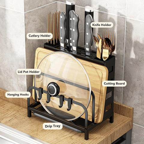 Multifunctional Cutting Board and Knife Drying Rack Kitchen Countertop Pot Lids Organizer