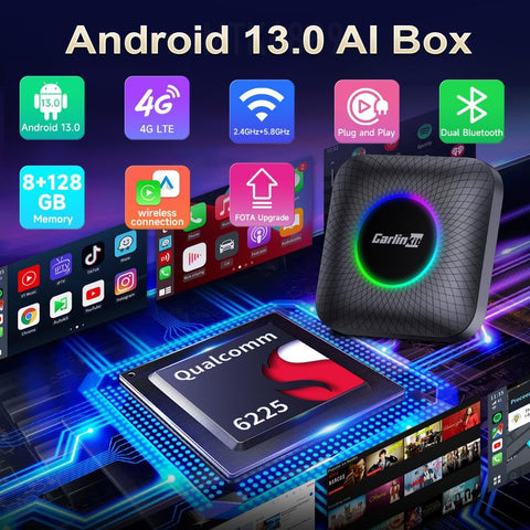 CarlinKit CarPlay Ai Box Android 13.0 with LED Light for Car with Wired CarPlay and Touchscreen