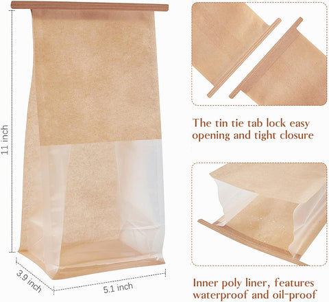 Tin Tie Tab Lock Kraft Paper Bags for Cookies Treats Candy Coffee Beans (5.1x3.9x11 In) - Willow