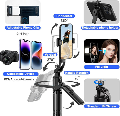 Auto Face Tracking Selfie Stick Tripod for Mobile with Light 360 Rotation That Follows Your Movement 63"