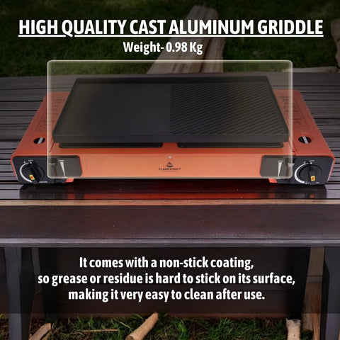 Procamp FlameKraft | Double Burner Camping Stove with Non-Stick Cast Aluminum Griddle