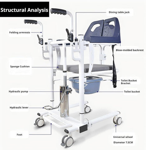 ENJOYCARE Hydraulic Patient Lift Transfer Chair - Adjustable Height, Soft Toilet Seat, 150kg Capacity, Bathroom Wheelchair