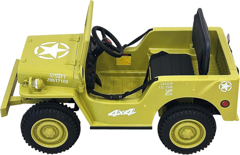 VLRA BIKE Kids Military Style Electric Ride-On Jeep, with Shovel, Realistic Military Details, Rugged Wheels 12V 3-6years