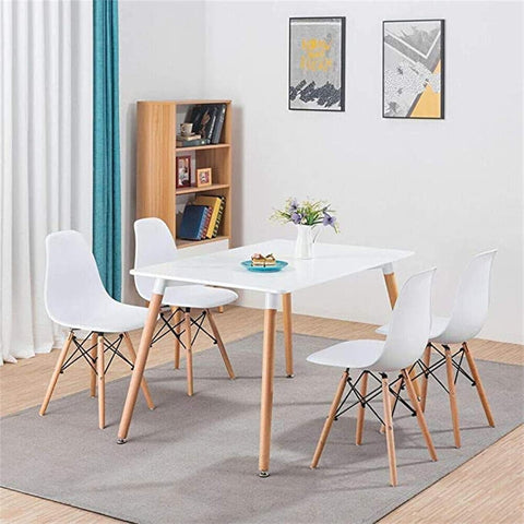 Olmecs Natural Wood Legs Mid Century Modern DSW Molded Shell Lounge Plastic Arm Chair 4Pcs (WHITE)