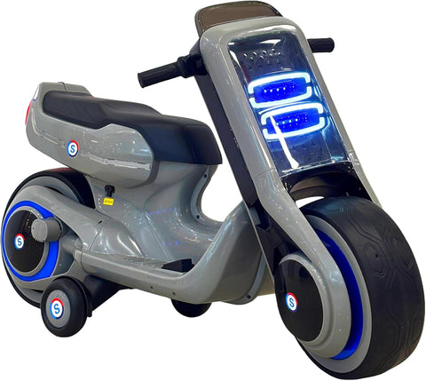 VLRA Kids Electric Motorcycle, LED Lights, Training Wheels, Dashboard Display, Rechargeable Ride-On Toy