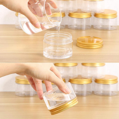 WILLOW Small Plastic Storage Jars with Lids, Clear Container Jars with Gold Screw Caps for Dry Food, Snacks (12Pc Pack)