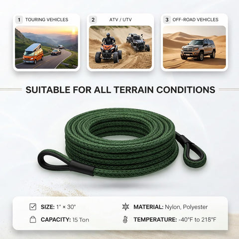 15T - 9M Heavy Duty Synthetic Winch Rope – Off-Road Recovery Tow Rope with Reinforced Loops, High Strength Braided Cable for SUV, Truck, ATV, UTV